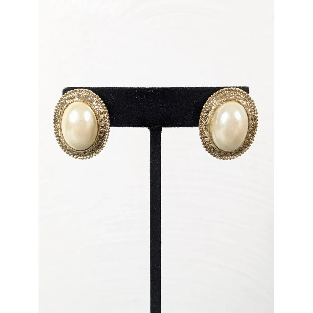 Vintage 1928 Cream Oval Faux Pearl Cabochon Halo Classic Earrings Pierced
